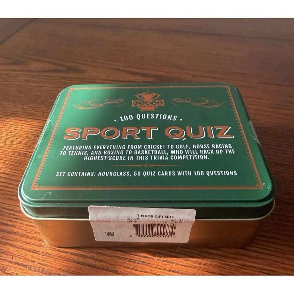 SPORT QUIZ 100 QUESTIONS SET IN TIN CONTAINS 50 CARDS 100 TRIVIA QUESTIONS